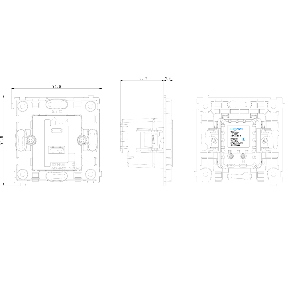 Розетка встраиваемая USB Donel R98 тип A+С быстрая зарядка Карбон матовый DA20400-DA27730 — изображение 5
